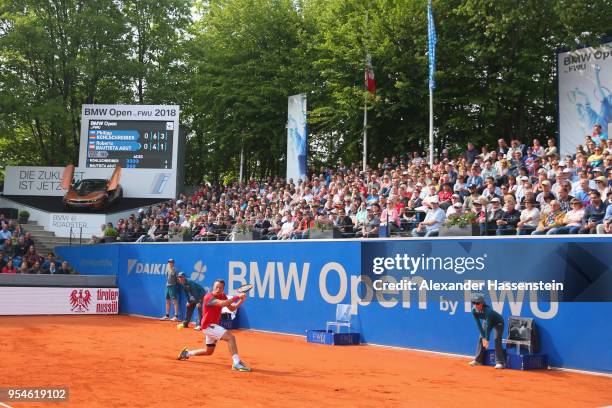 Philipp Kohlschreiber of Germany plays a back hand during his Quaterfinal match against Roberto Bautista Agut of Spaain on day 7 of the BMW Open by...