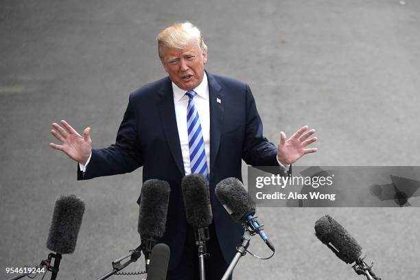 President Donald Trump speaks to members of the media prior to his departure from the White House May 4, 2018 in Washington, DC. President Trump is...