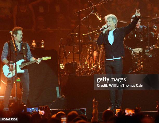 Tico Torres plays as Jon Bon Jovi sings during the 50th Birthday party for radio station 93.3 WMMR at Wells Fargo Center on May 3, 2018 in...