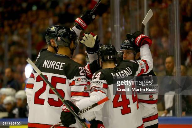 Bo Horvat of Canada celebrate with his team mates the opening goal during the 2018 IIHF Ice Hockey World Championship group stage game between United...