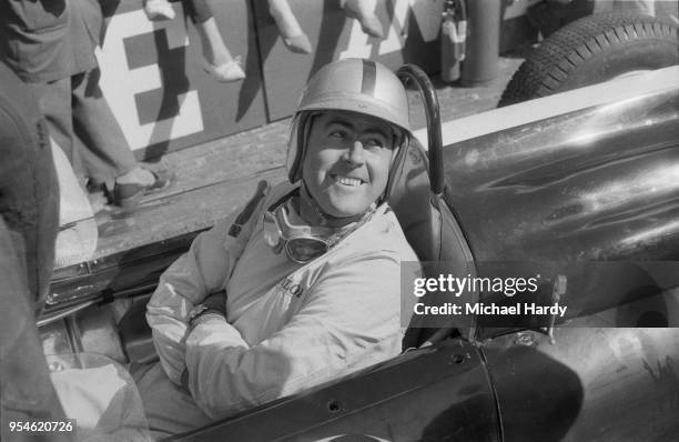 Australian racing driver Jack Brabham sitting inside his car before the Dutch Grand Prix, Circuit Park Zandvoort, Zandvoort, Netherlands, 22nd May...