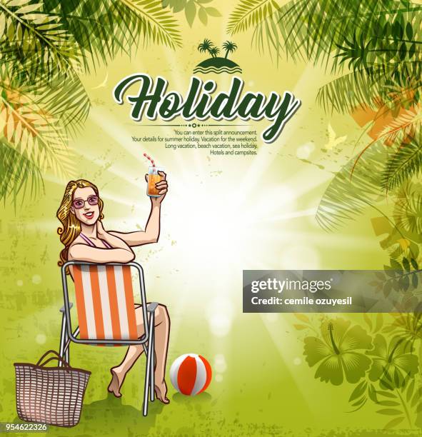 ilustraciones, imágenes clip art, dibujos animados e iconos de stock de jardín botánico de vacaciones - bolsa de playa