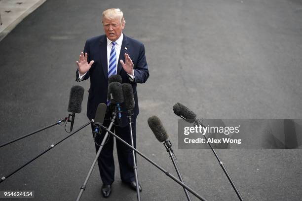President Donald Trump speaks to members of the media prior to his departure from the White House May 4, 2018 in Washington, DC. President Trump is...