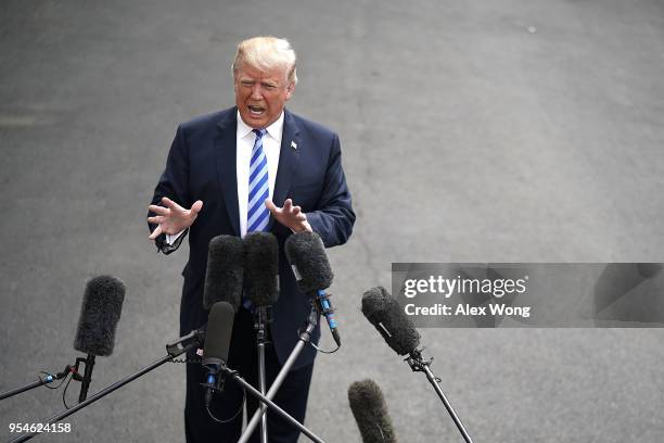 President Donald Trump speaks to members of the media prior to his departure from the White House May 4, 2018 in Washington, DC. President Trump is...