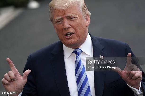 President Donald Trump speaks to members of the media prior to his departure from the White House May 4, 2018 in Washington, DC. President Trump is...