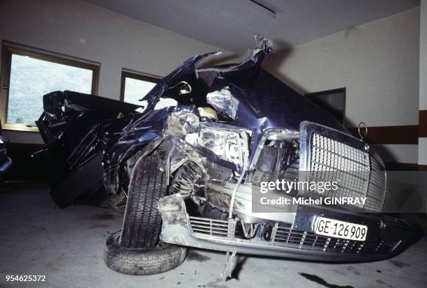 épave du véhicule dans lequel Mireille Darc a été victime d'un grave accident de la route le 7 juillet 1983 à Aoste, Italie.