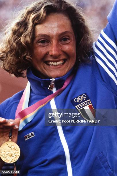 Gabriella Dorio remporte la médaille d'or du 1500m dames aux JO de Los Angeles le 12 aout 1984, Etats-Unis.