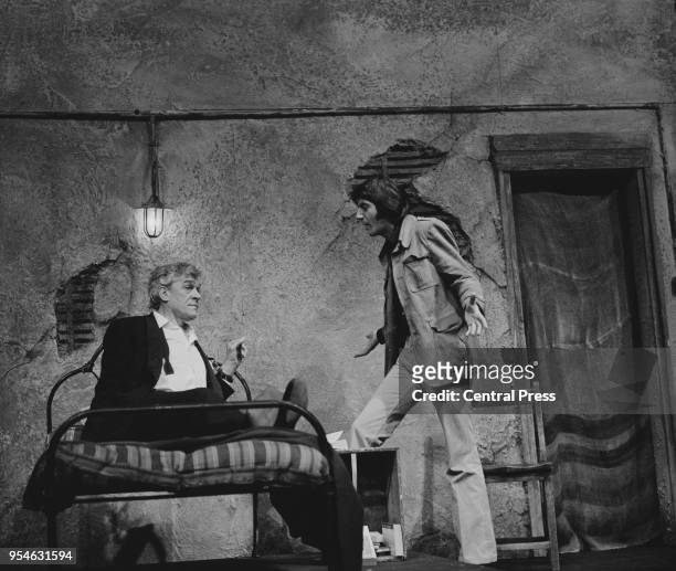 Actors Paul Scofield as Alan West and Tom Conti as Carlos Esquerdo during a rehearsal for the play 'Savages' by Christopher Hampton at the Royal...