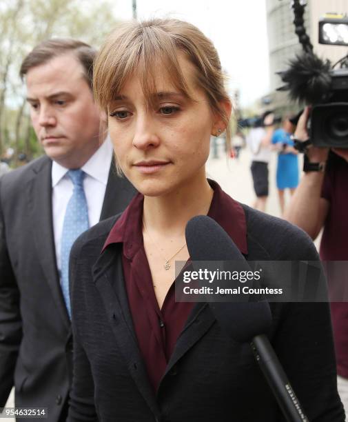 Actress Allison Mack departs the United States Eastern District Court after a bail hearing in relation to the sex trafficking charges filed against...