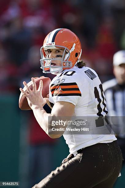 Quarterback Brady Quinn of the Cleveland Browns looks downfield for a receiver during a game against the Kansas City Chiefs at Arrowhead Stadium on...