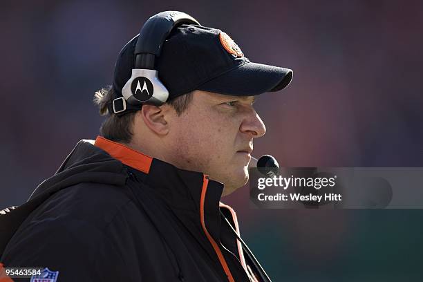 Head Coach Eric Mangini of the Cleveland Browns on the sideline during a game against the Kansas City Chiefs at Arrowhead Stadium on December 20,...