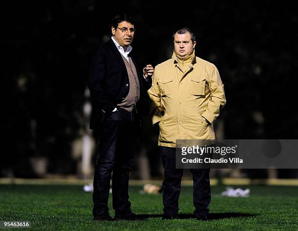 The Chairman of FC Parma Tommaso Ghirardi and the General Manager Pietro Leonardi talk during the training session at Ta Qali Stadium on December 28,...