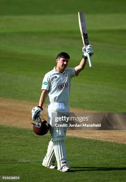 Rory Burns of Surrey celebrates his century during day one of the Specsavers County Championship Division One match between Surrey and Worcestershire...