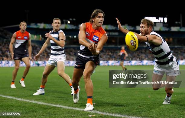 Ryan Griffen of the Giants handpasses the ball during the 2018 AFL round seven match between the Geelong Cats and the GWS Giants at GMHBA Stadium on...