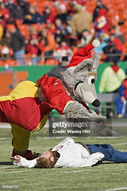 Mascot KC Wolf of the Kansas City Chiefs performs before a game against the Cleveland Browns at Arrowhead Stadium on December 20, 2009 in Kansas...