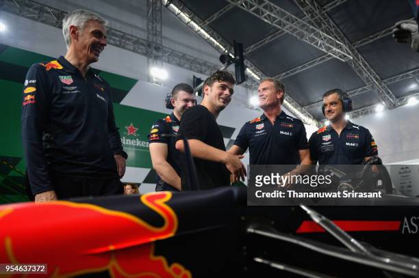 Martin Garrix meets David Coulthard of Scotland and Red Bull Racing during the Red Bull Racing Vietnam show run on May 4, 2018 in Ho Chi Minh City,...