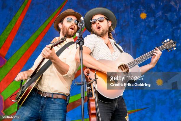 Kevin Hayes and Chance McCoy of Old Crow Medicine Show perform at Fair Grounds Race Course on May 3, 2018 in New Orleans, Louisiana.