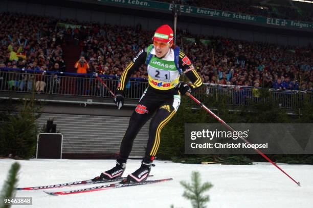 Kati Wilhelm of Germany skates during the ODLO Biathlon World Team Challenge at the Veltins Arena on December 28, 2009 in Gelsenkirchen, Germany.