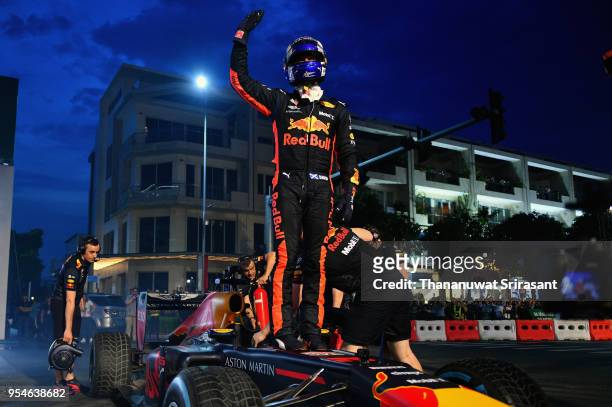 David Coulthard of Scotland and Red Bull Racing waves to the crowd during the Red Bull Racing Vietnam show run on May 4, 2018 in Ho Chi Minh City,...