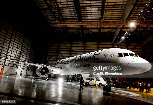 Continental Airlines Inc. Star Alliance branded plane sits on display during an event welcoming Continental to the Alliance in Newark, New Jersey,...
