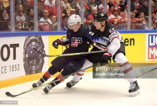 Derek Ryan of Team USA and Colton Parayko of Team Canada during the World Championship game between USA and Canada at Jyske Bank Boxen Arena on May...