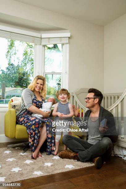 Actress Megan Hilty is photographed with family, Ronan Laine, Viola Philomena and Brian Gallagher, for People Magazine on April 5, 2017 in Los...