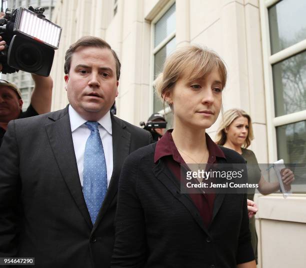 Actress Allison Mack departs the United States Eastern District Court after a bail hearing in relation to the sex trafficking charges filed against...