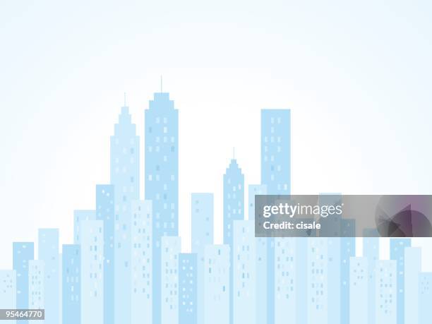 blue city skyline with skyscraper buildings illustration silhouette - quarter stock illustrations