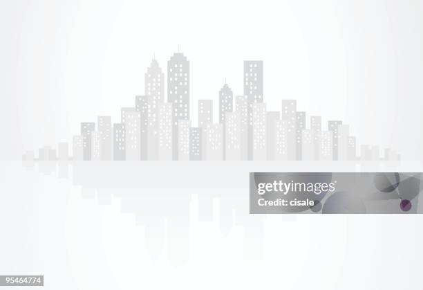graue gebäude und wolkenkratzer die skyline silhouette mit reflexion - bankenviertel stock-grafiken, -clipart, -cartoons und -symbole