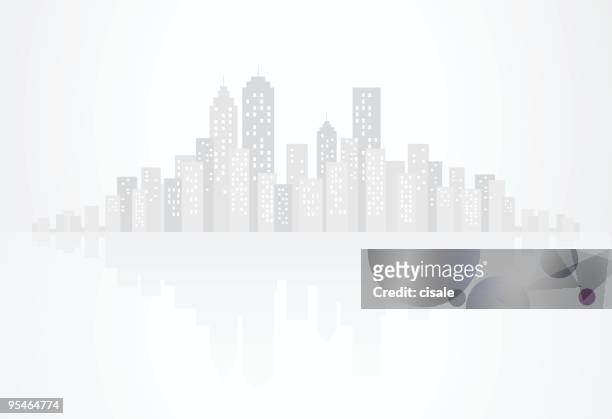 グレイの街並みと摩天楼の建物に反射したシルエット - ハイキー 街点のイラスト素材／クリップアート素材／マンガ素材／アイコン素材