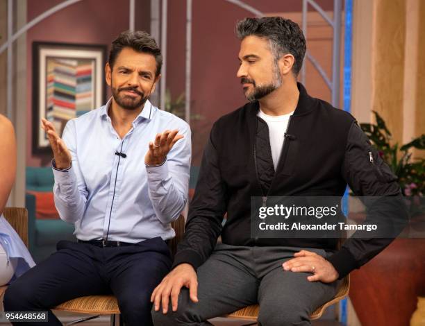 Eugenio Derbez and Jaime Camil are seen on the set of "Despierta America" at Univision Studios to promote the film "Overboard" on May 4, 2018 in...