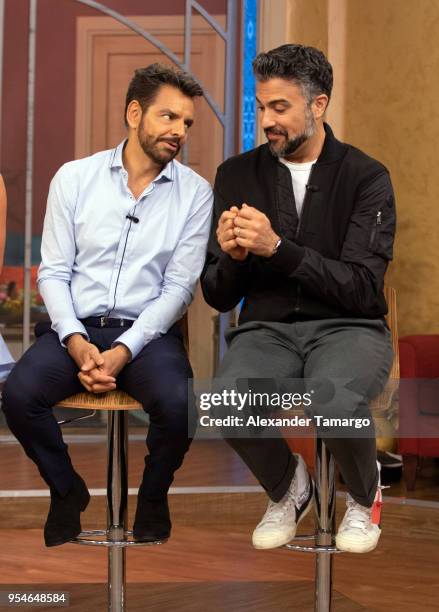 Eugenio Derbez and Jaime Camil are seen on the set of "Despierta America" at Univision Studios to promote the film "Overboard" on May 4, 2018 in...