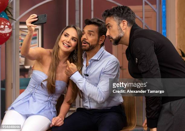 Ximena Cordoba, Eugenio Derbez and Jaime Camil are seen on the set of "Despierta America" at Univision Studios to promote the film "Overboard" on May...
