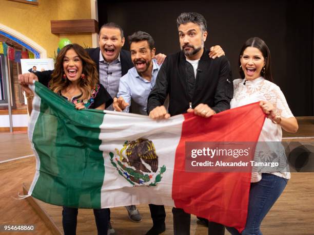 Karla Martinez, Alan Tacher, Eugenio Derbez, Jaime Camil and Ana Patricia Gamez are seen on the set of "Despierta America" at Univision Studios to...