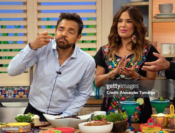 Eugenio Derbez and Karla Martinez are seen on the set of "Despierta America" at Univision Studios to promote the film "Overboard" on May 4, 2018 in...