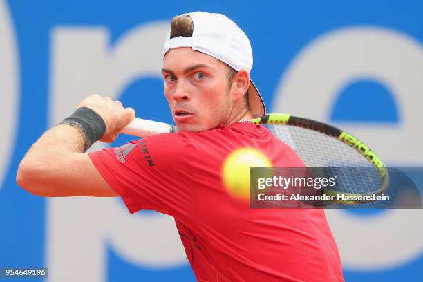 Maximilian Marterer of Germany plays a back hand during his Quaterfinal match against Marton Fucsovics of Hungary on day 7 of the BMW Open by FWU at...