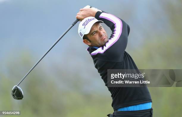 Ricardo Santos of Portugal tees off on the 16th hole during the second round of the Challenge de Espana on the Izki Golf Club on May 4, 2018 in...