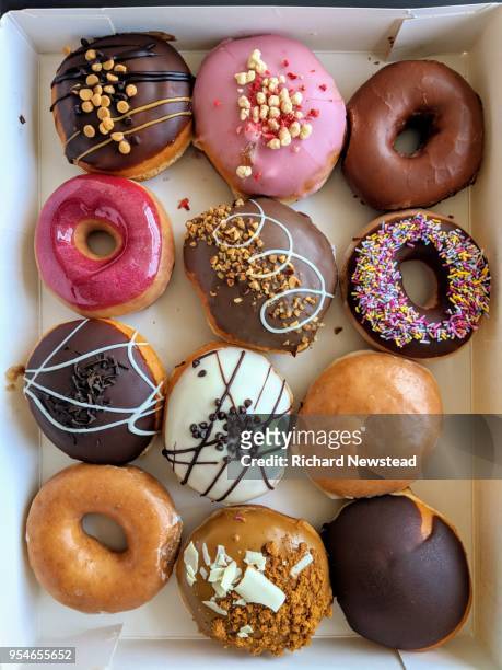 a dozen donuts - krapfen und doughnuts stock-fotos und bilder