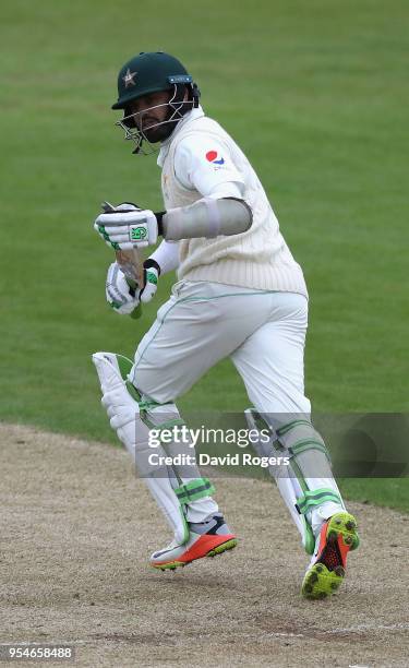 Azhar Ali of Pakistan plays the ball off his feet during the tour match between Northamptonshire and Pakistan at The County Ground on May 4, 2018 in...