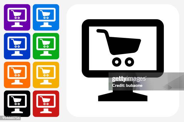 online shopping icon square button set - multiple computer screens white background stock illustrations