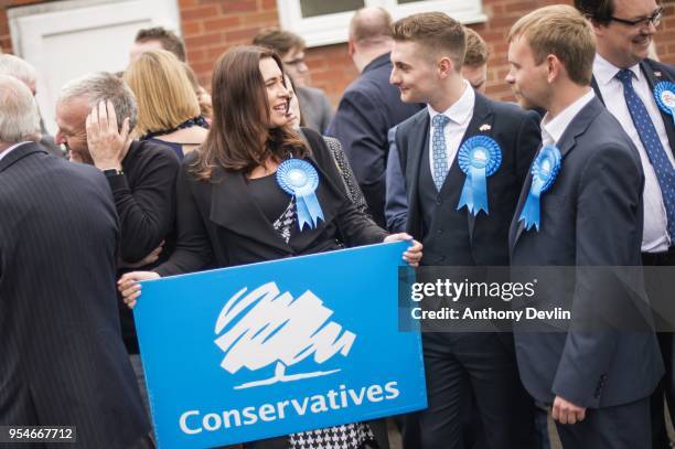 Conservative Party supporters wait to welcome Prime Minister Theresa May at Sedgley Conservative Club on May 4, 2018 in Dudley, United Kingdom....