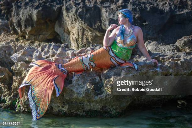 beautiful mermaid with blue hair on a western australian beach. - mermaid tail stock-fotos und bilder