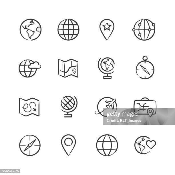 ilustraciones, imágenes clip art, dibujos animados e iconos de stock de mapa y los iconos del globo — serie incompleta - latitud