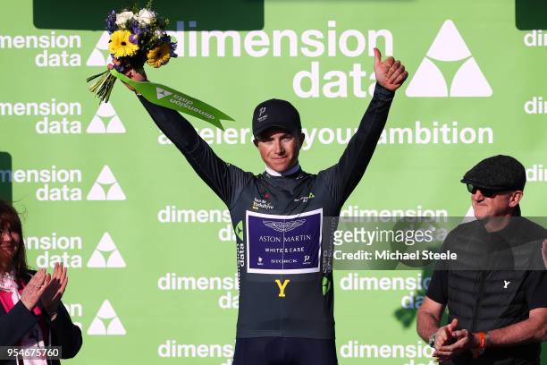 Podium / Thomas Baylis of Great Britain and Team One Pro Cycling / Grey Active Rider Jersey /Celebration / Flowers / during the 4th Tour of Yorkshire...