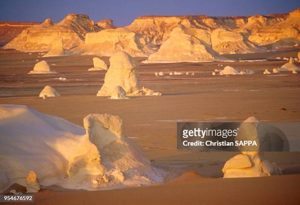 Le désert blanc doit son nom à d'étranges blocs de calcaire érodés par le vent qui dessinent des figures surprenantes au milieu du désert, circa...
