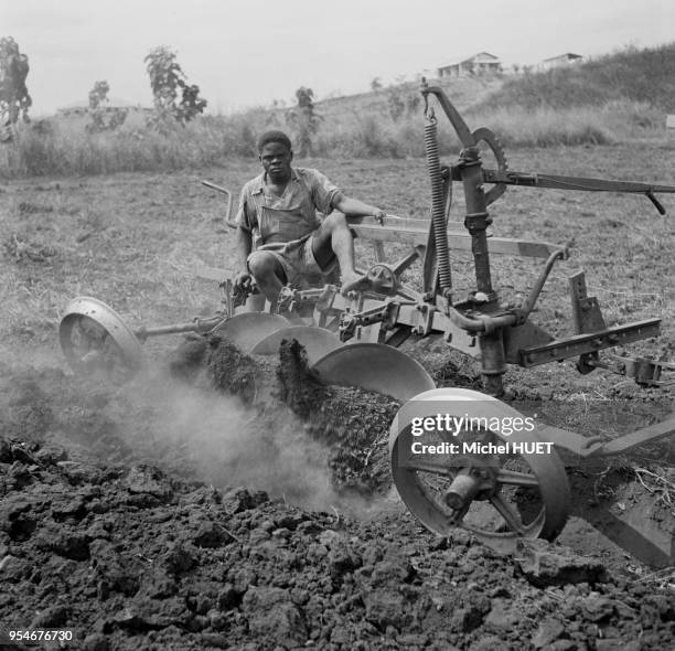 Agriculteur dans un champ en République du Congo, circa 1950.