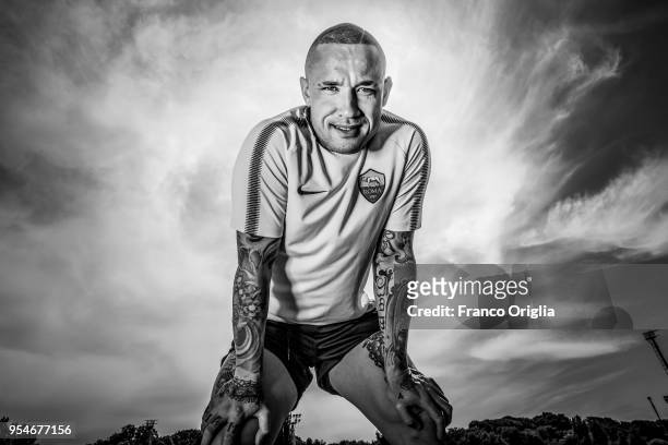 Football player Radja Nainggolan poses during a portrait session at AS Roma training centre of Trigoria on April 26, 2018 in Rome, Italy.