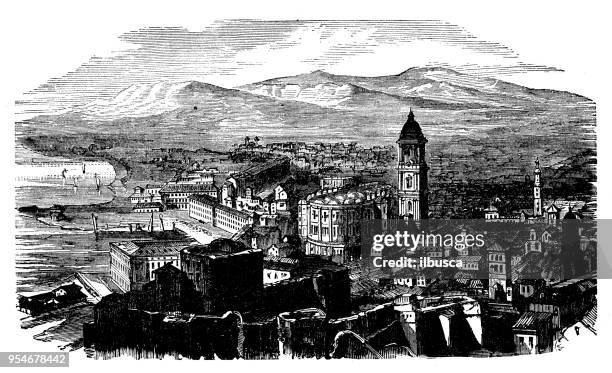 antique engraving illustration: malaga - málaga province stock illustrations