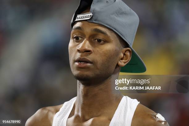 Qatar's Mutaz Essa Barshim reacts as he competes in the men's high jump during the Diamond League athletics competition at the Suhaim bin Hamad...