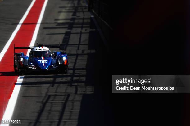 In the Alpine A470 - Gibson driven by Nicolas Lapierre of France P Andre Negrao of Brazil, Pierre Thiriet of France drives in pit lane during...